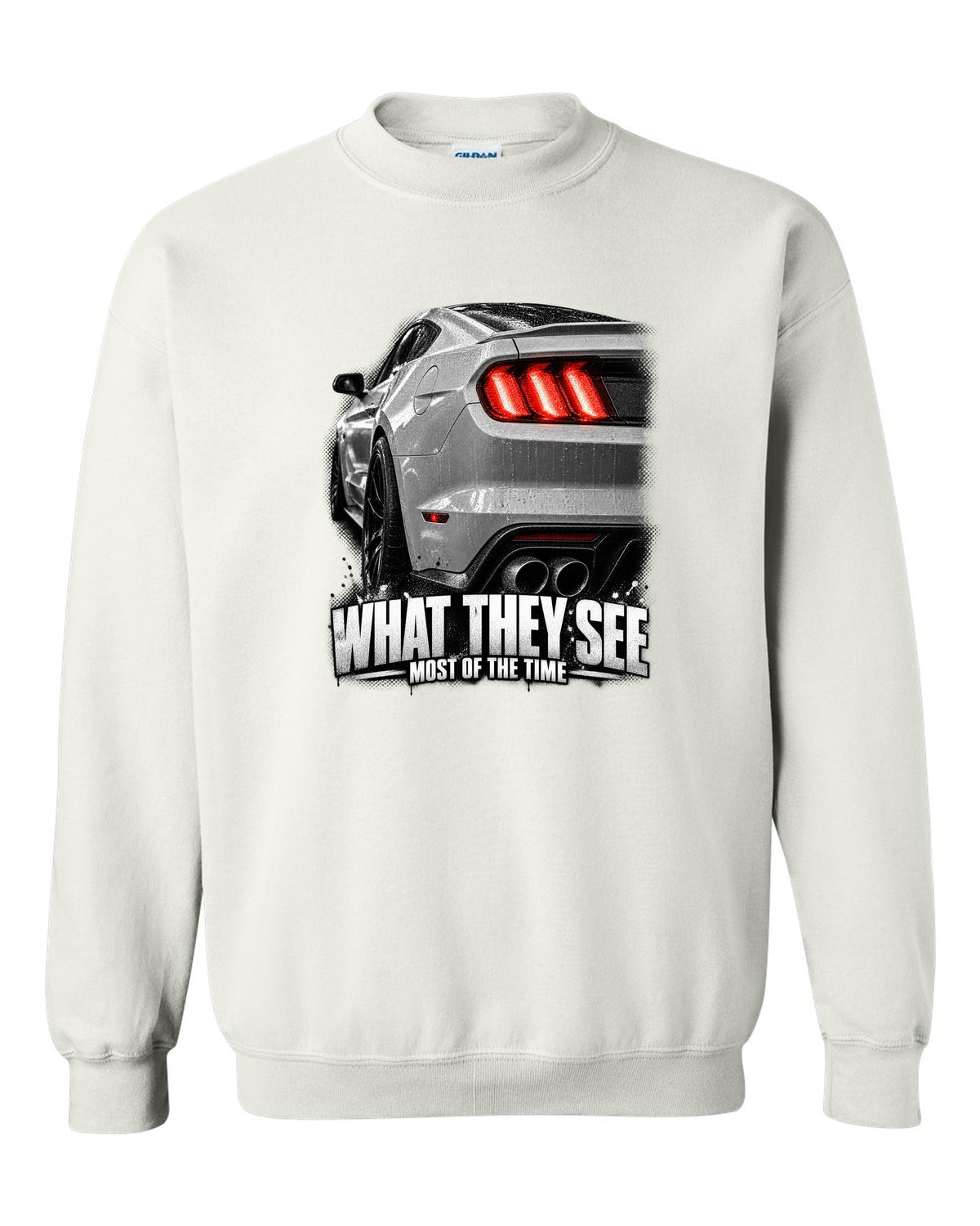 Macro print of a 2015-17 Ford Mustang S550 GT taillight white crewneck front view with the design