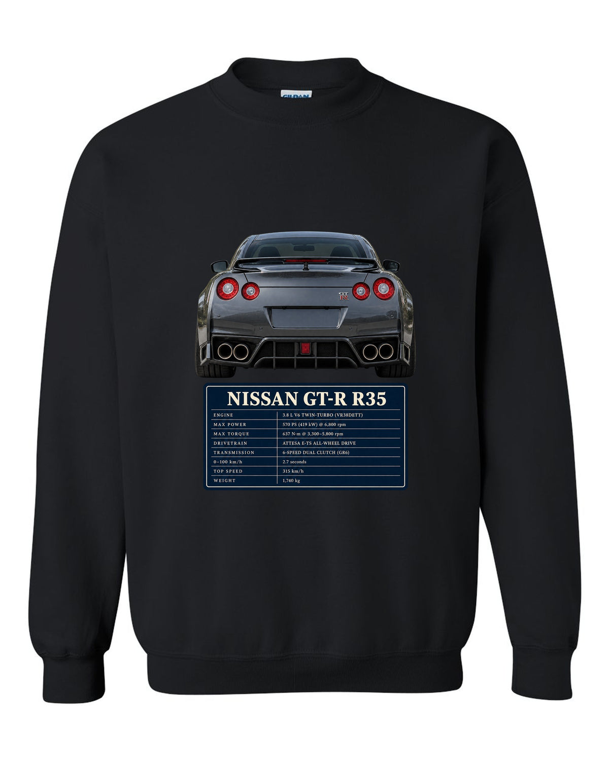 Close crop of Nissan GT-R R35 2014 Premium round taillights black crewneck front view with the design