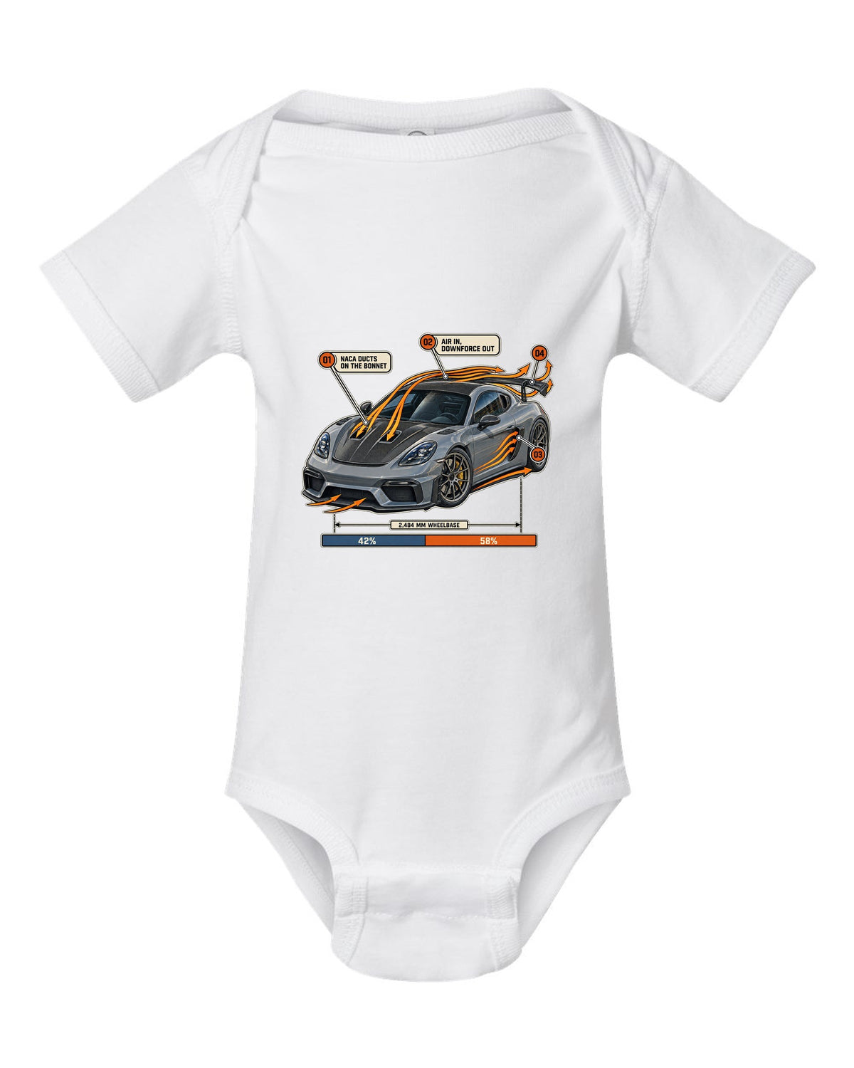 Airflow callout print of a Porsche 718 Cayman GT4 RS Weissach package white baby onesie front view with the design