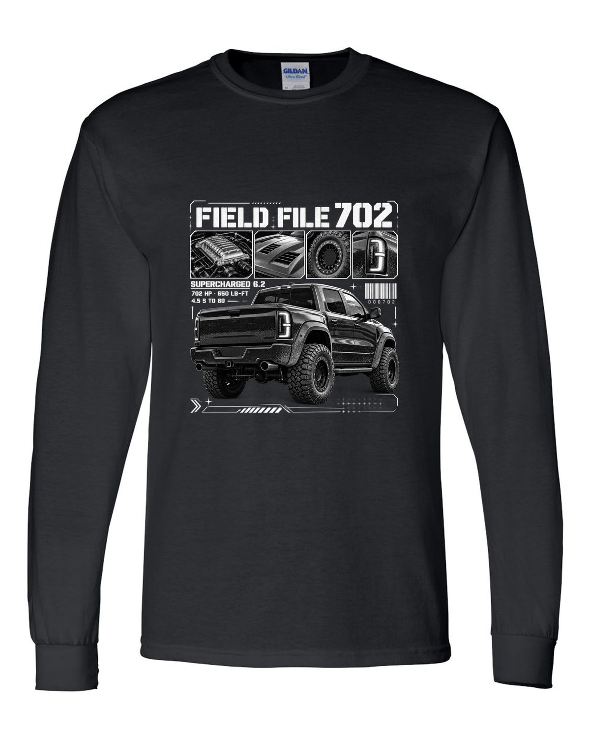 Dossier panels of a 2021-2024 Ram 1500 TRX with Field File 702, supercharged 6.2, 4.5 s to 60 black long sleeve front view with the design