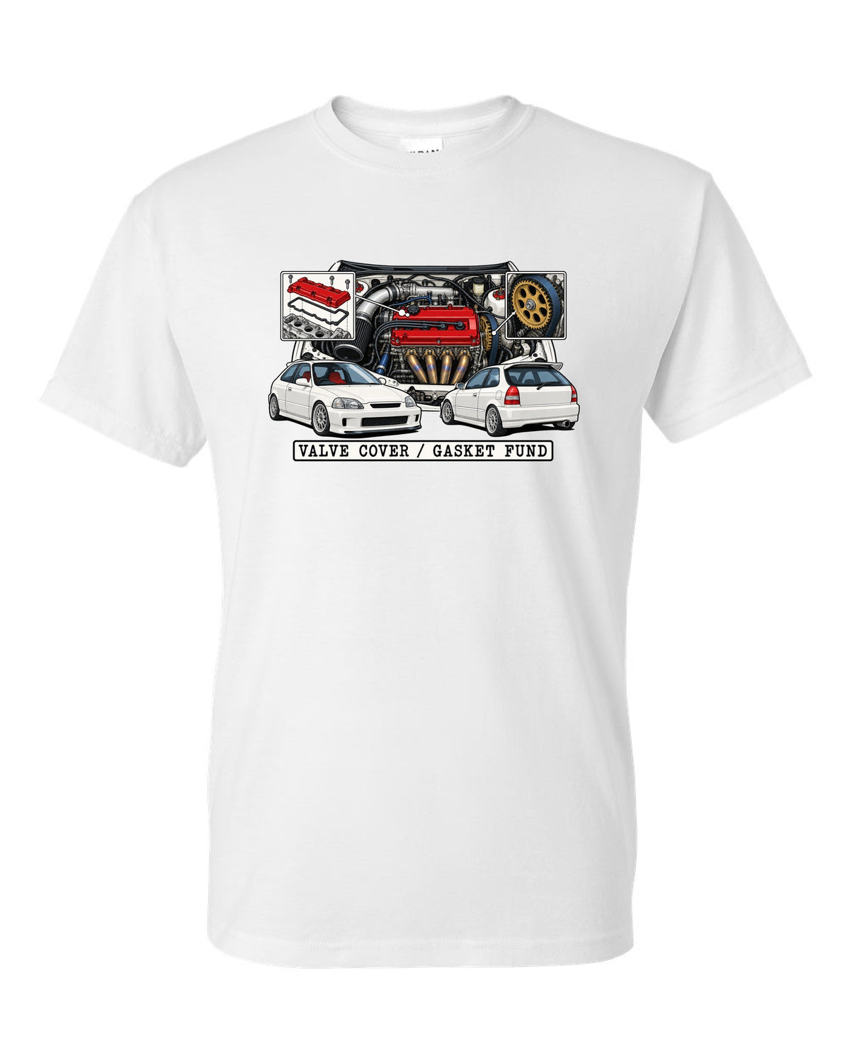 Technical patent drawing print of a 1997 Honda Civic EK9 with Valve Cover Gasket Fund lettering white t-shirt front view with the design