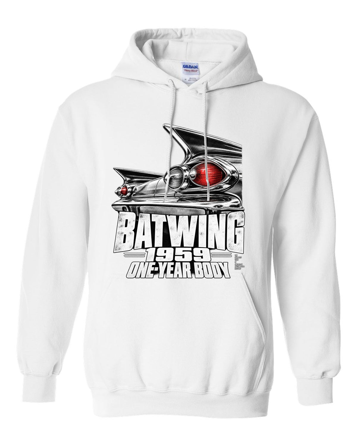 1959 Impala rear batwing taillight macro print with one-year body text white pull over hoodie front view with the design