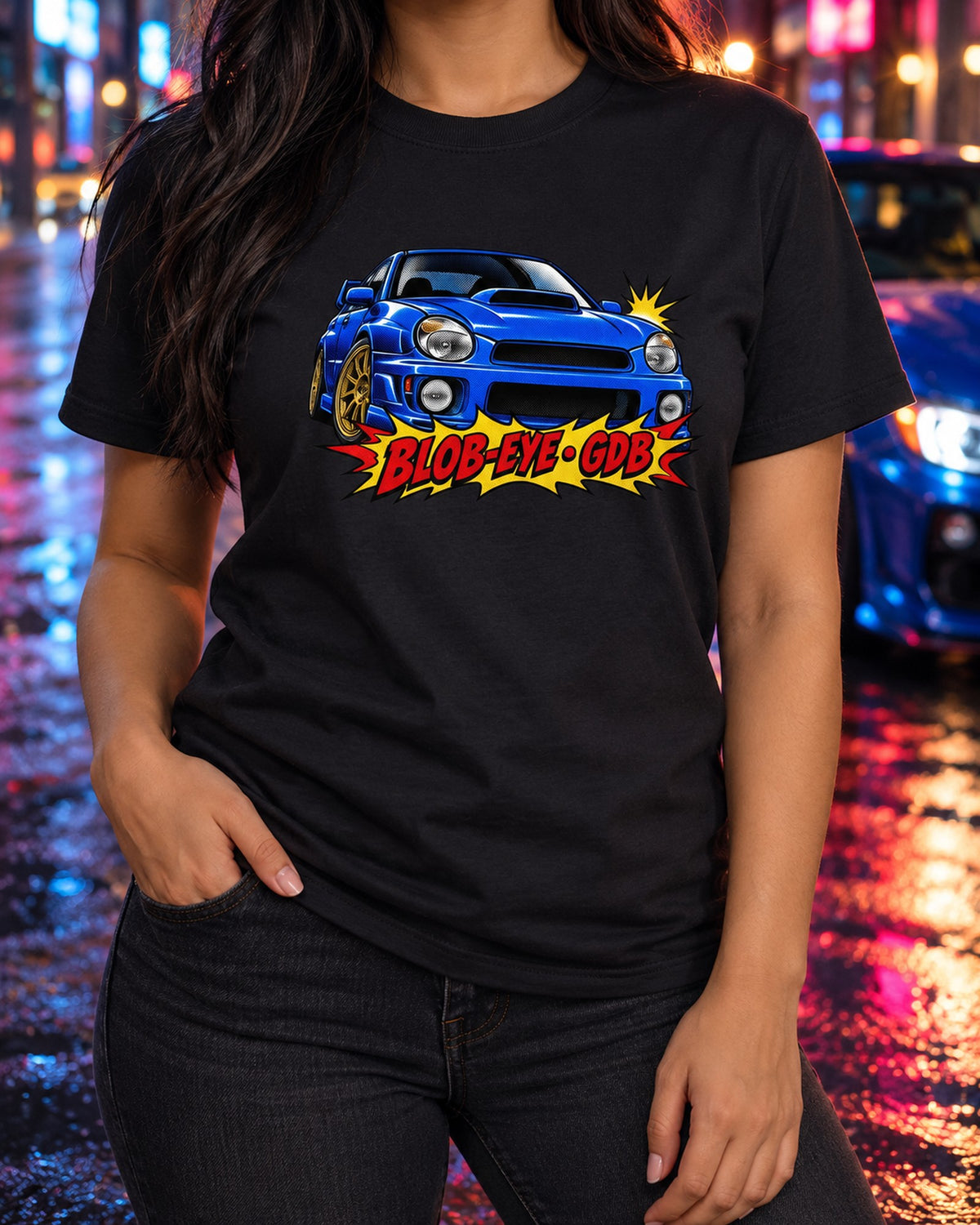 Subaru Impreza WRX STI GDB Blob-Eye Halftone Pop Art Shirt T-Shirt Black worn hero