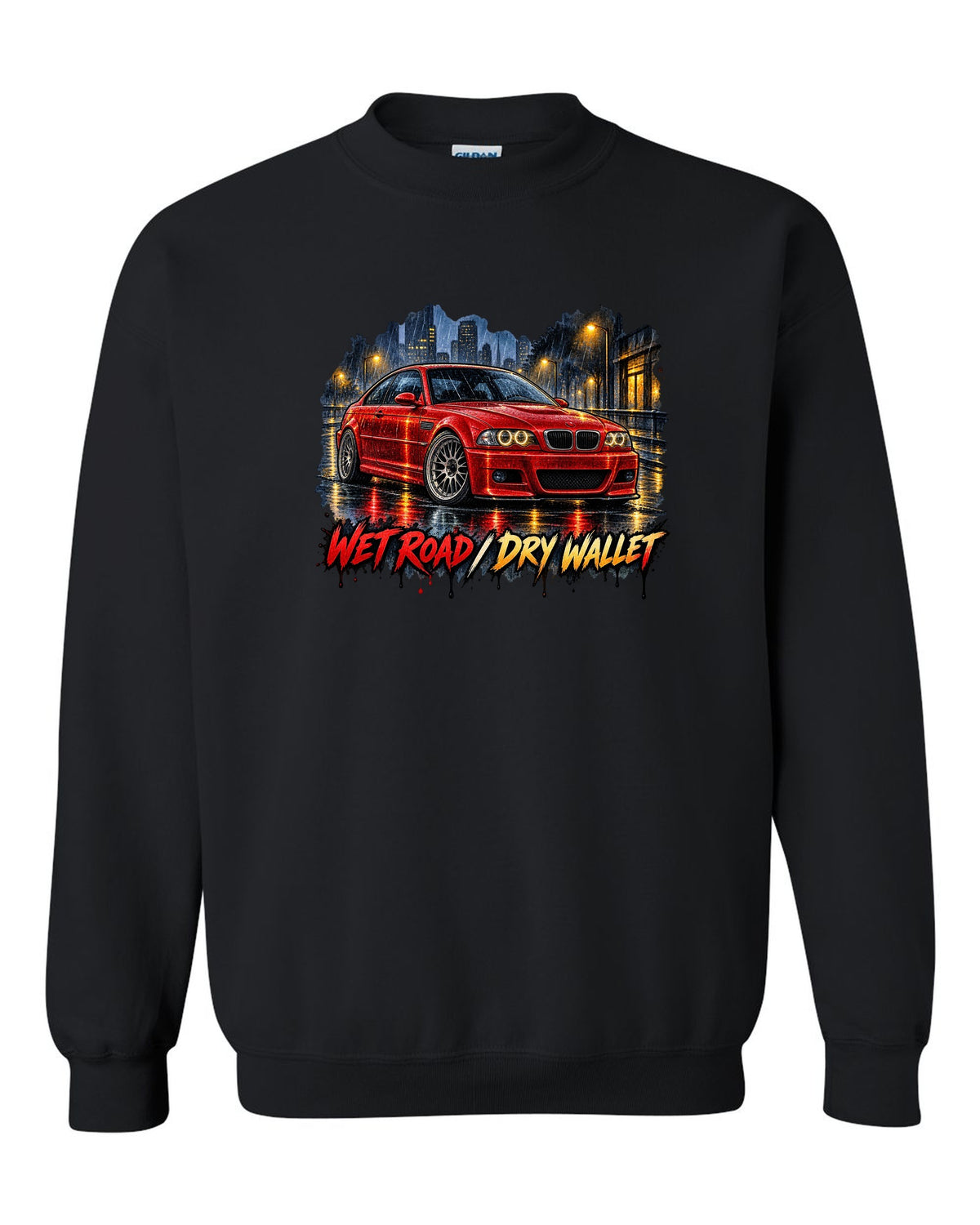 Watercolour wet-road night illustration of a BMW E46 M3 coupe with wet road dry wallet text black crewneck front view with the design