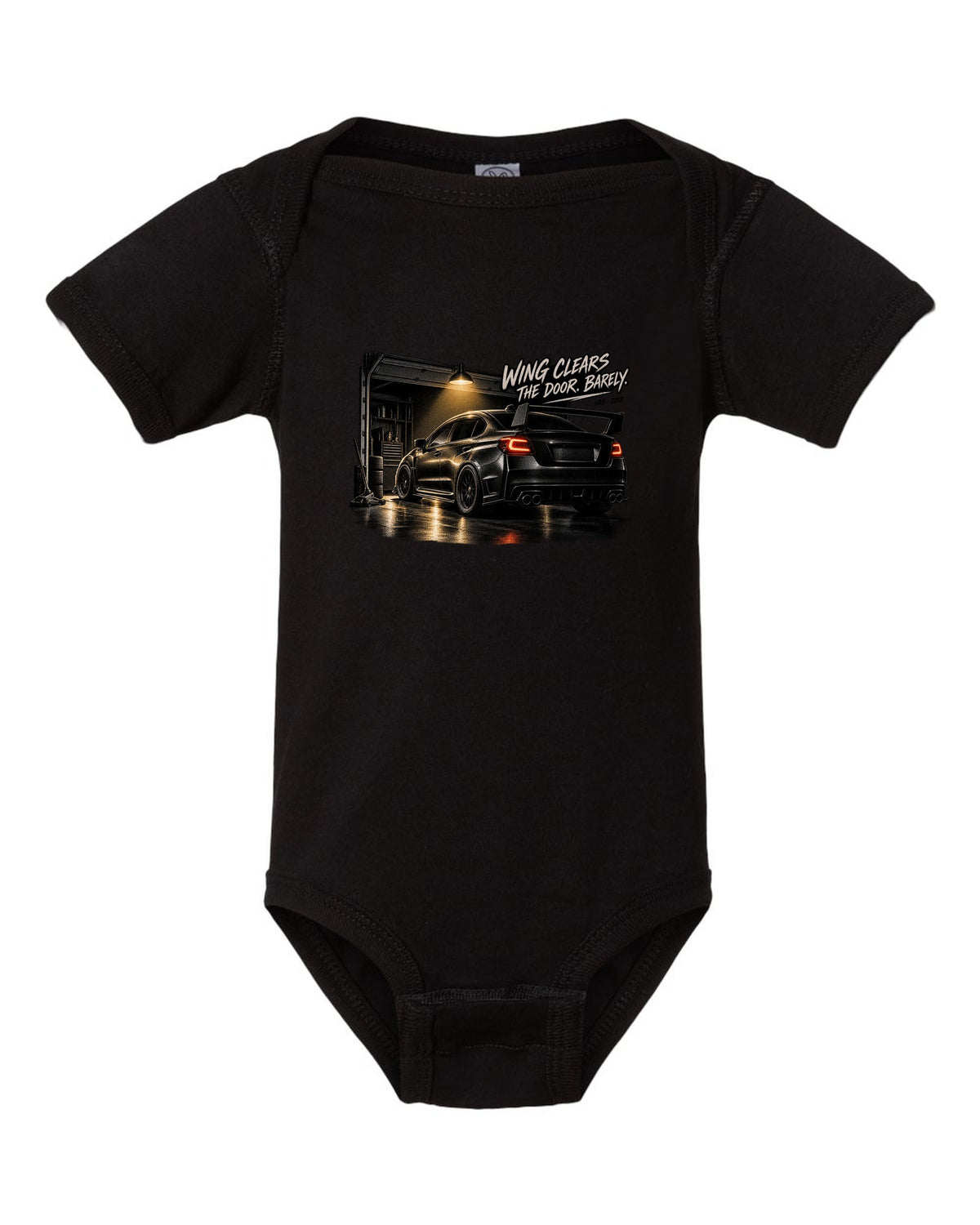 Subaru WRX STI VAB 2018 in a garage with wing clears the door barely text black baby onesie front view with the design