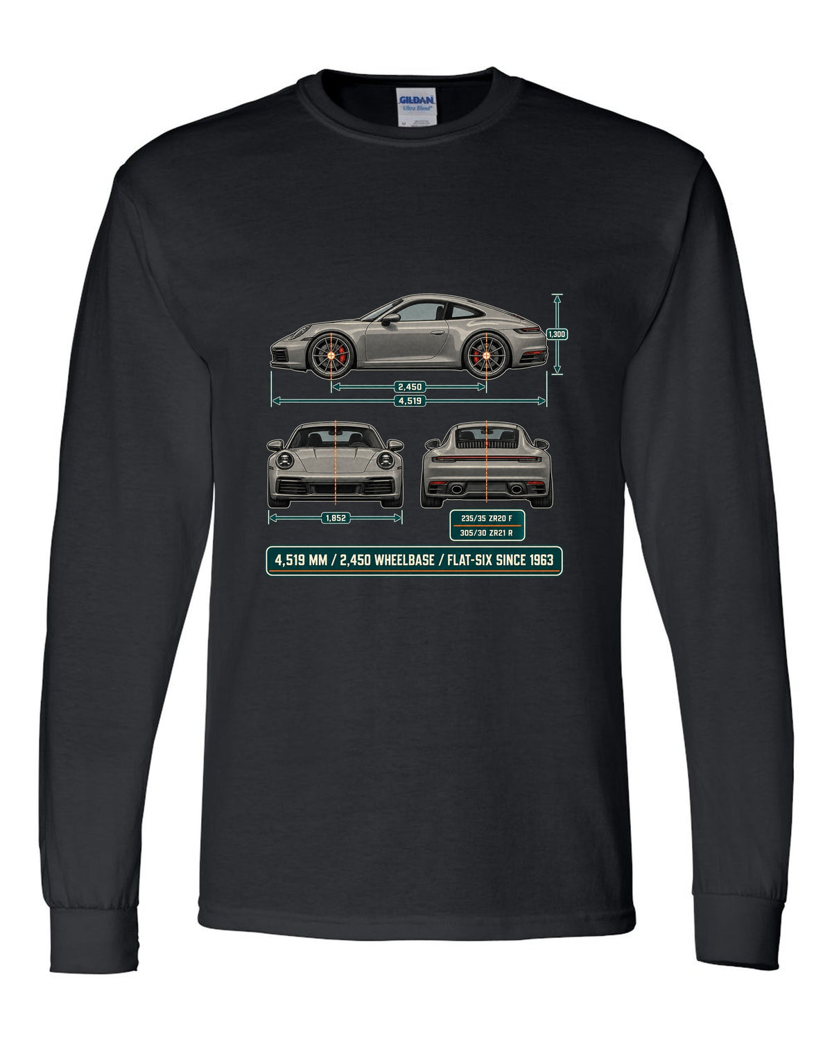 Dimension blueprint print of a Porsche 992 Carrera S with measurements black long sleeve front view with the design