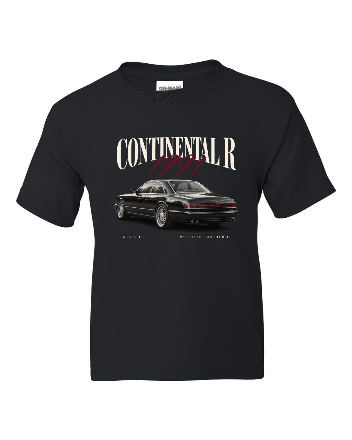 Bentley Continental R editorial headline print black kids tee front view with the design