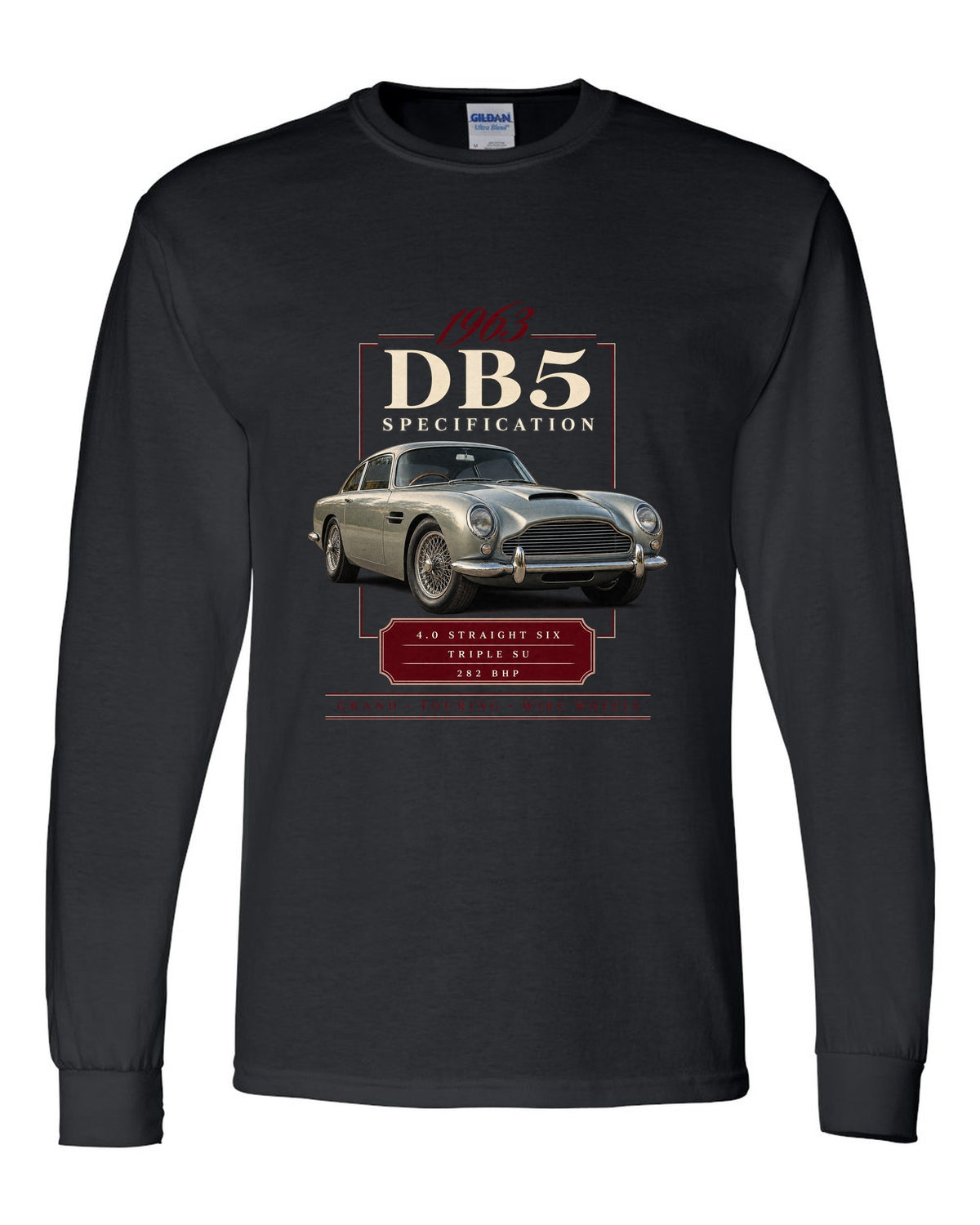 Aston Martin DB5 wire wheel archive specification panel black long sleeve front view with the design