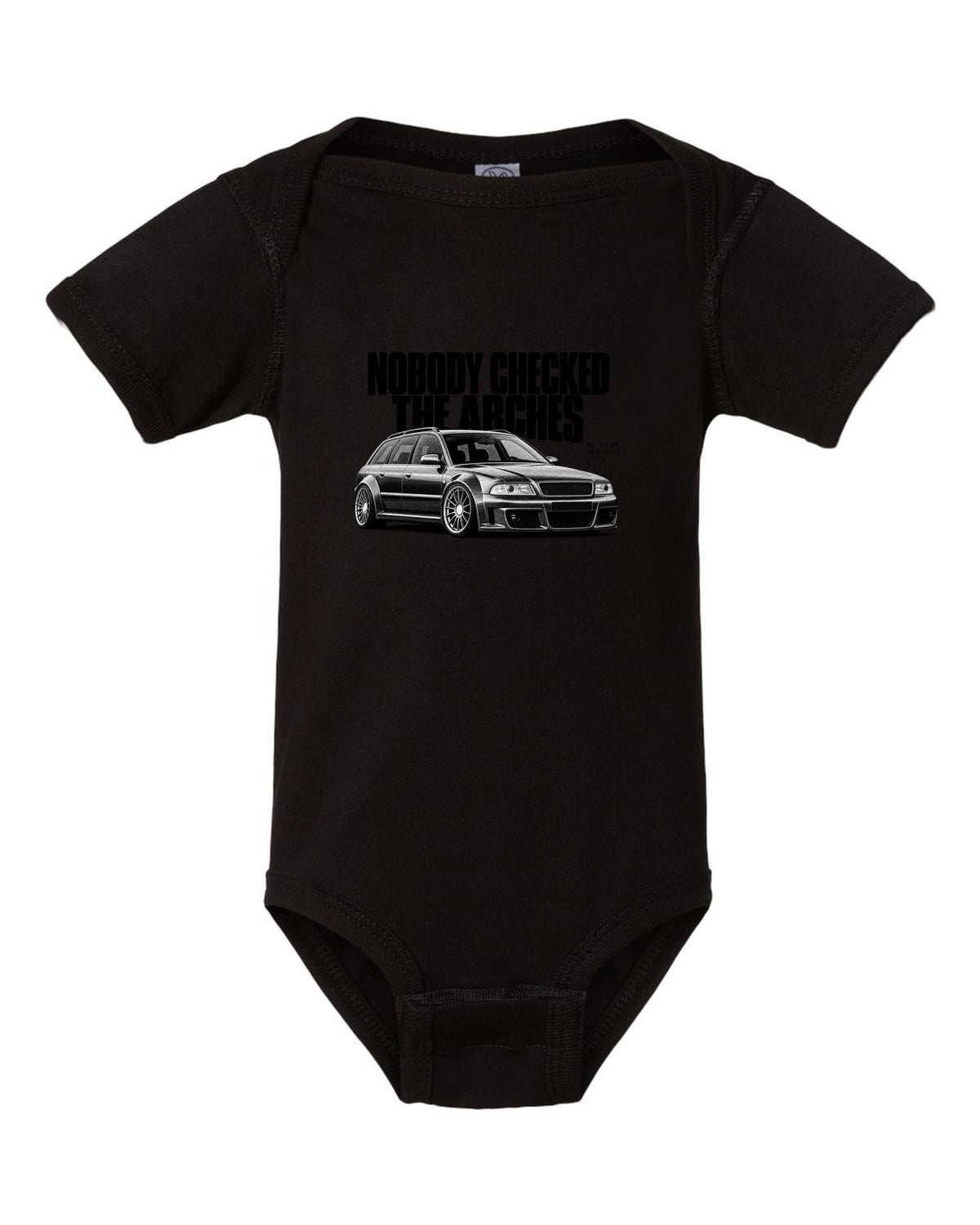 Audi RS6 Avant C5 4B front three-quarter in halftone with arches text black baby onesie front view with the design