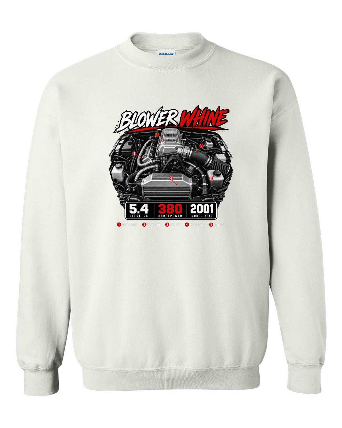 Ford F-150 SVT Lightning 1999-2004 engine hero print with blower whine and 5.4 SC white crewneck front view with the design