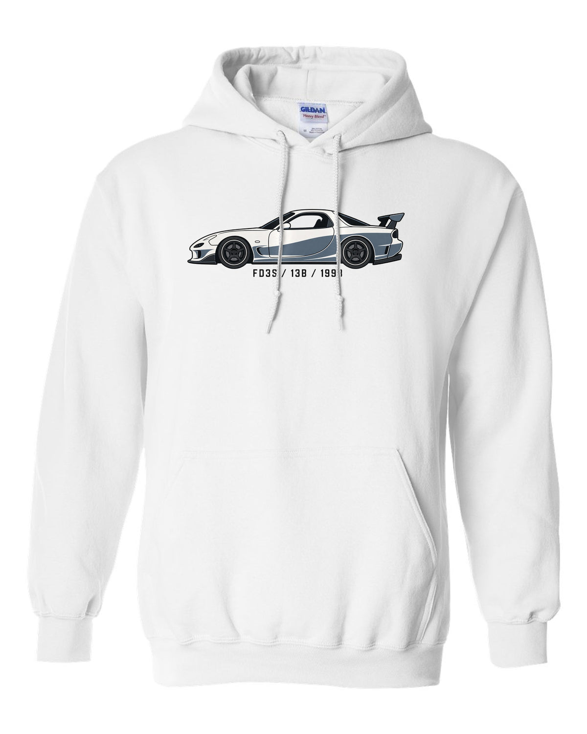 Embroidery-style varsity crest for the Mazda FD3S RX-7 reading TWIN TURBO SEQUENTIAL 1991 white pull over hoodie front view with the design