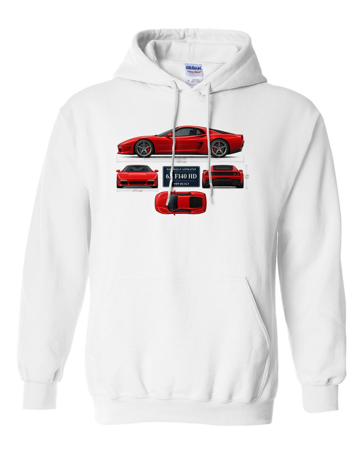 Ferrari 812 Competizione dimension blueprint print with 6.5 F140 HD, 999 built white pull over hoodie front view with the design