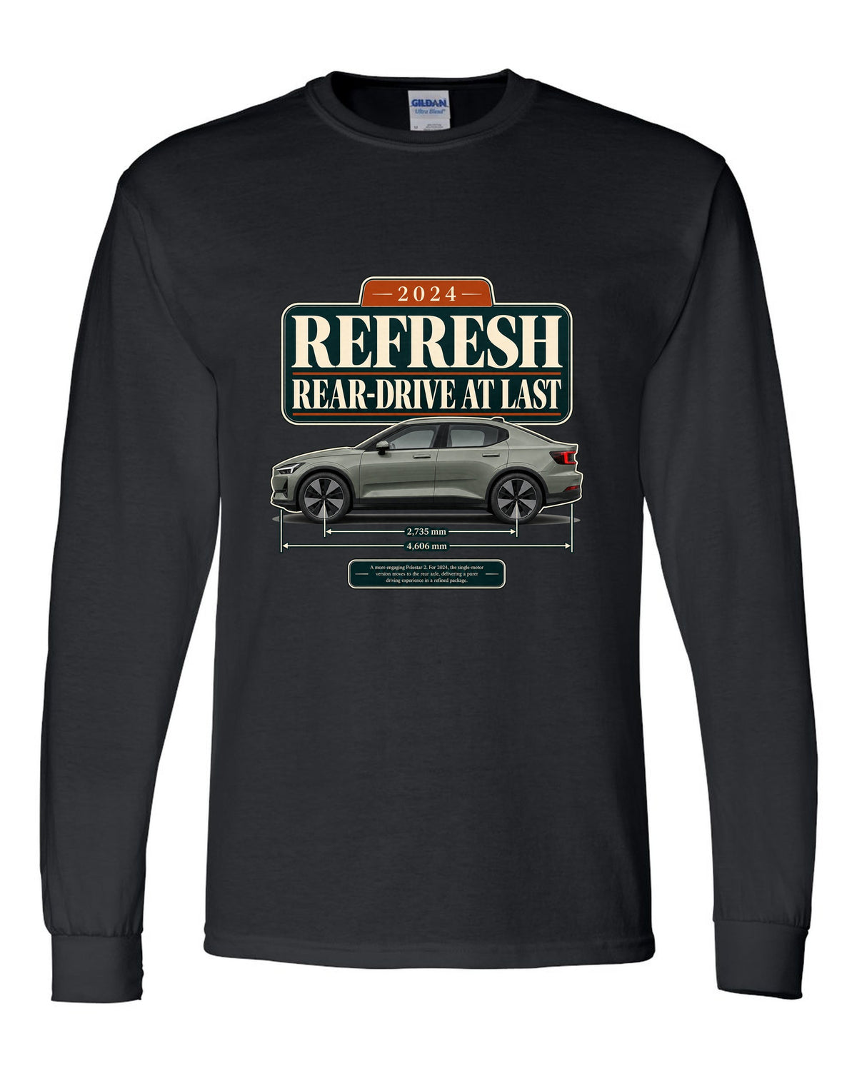 Polestar 2 2024 refresh editorial headline print on a shirt black long sleeve front view with the design