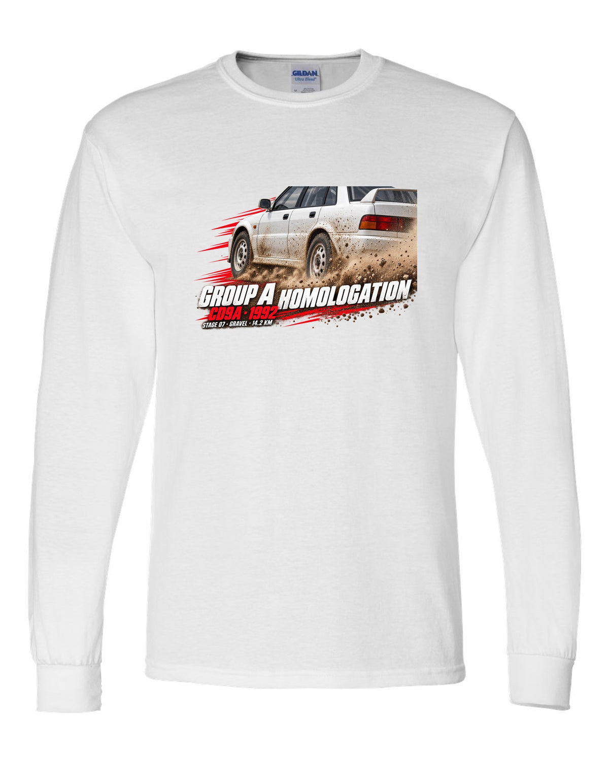 Rally poster print for the Mitsubishi Lancer Evolution I CD9A reading Group A Homologation, 1992, Stage 07 gravel white long sleeve front view with the design