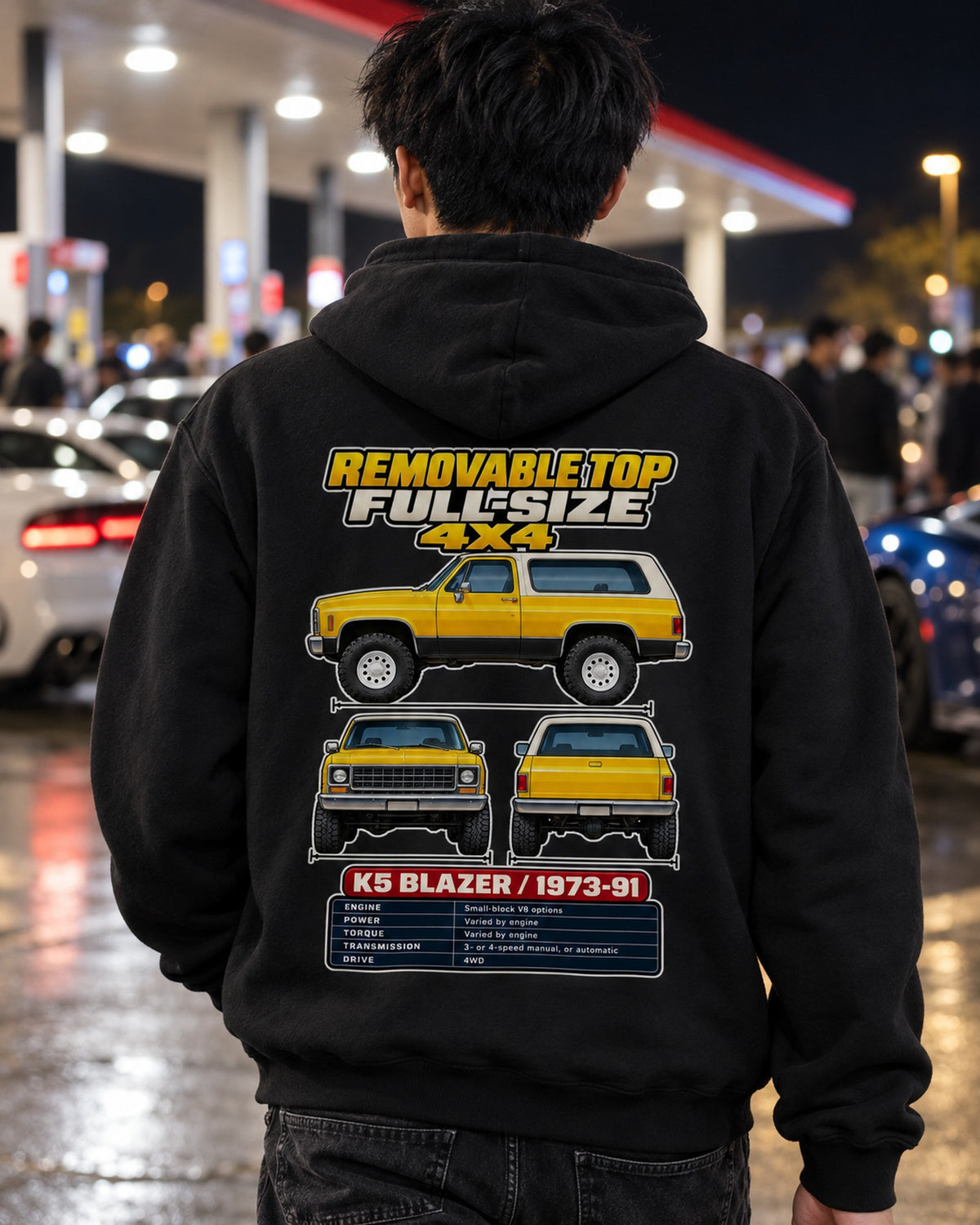 Chevrolet K5 Blazer Spec Sheet Full-Back Graphic Tee Pull Over Hoodie Black worn hero