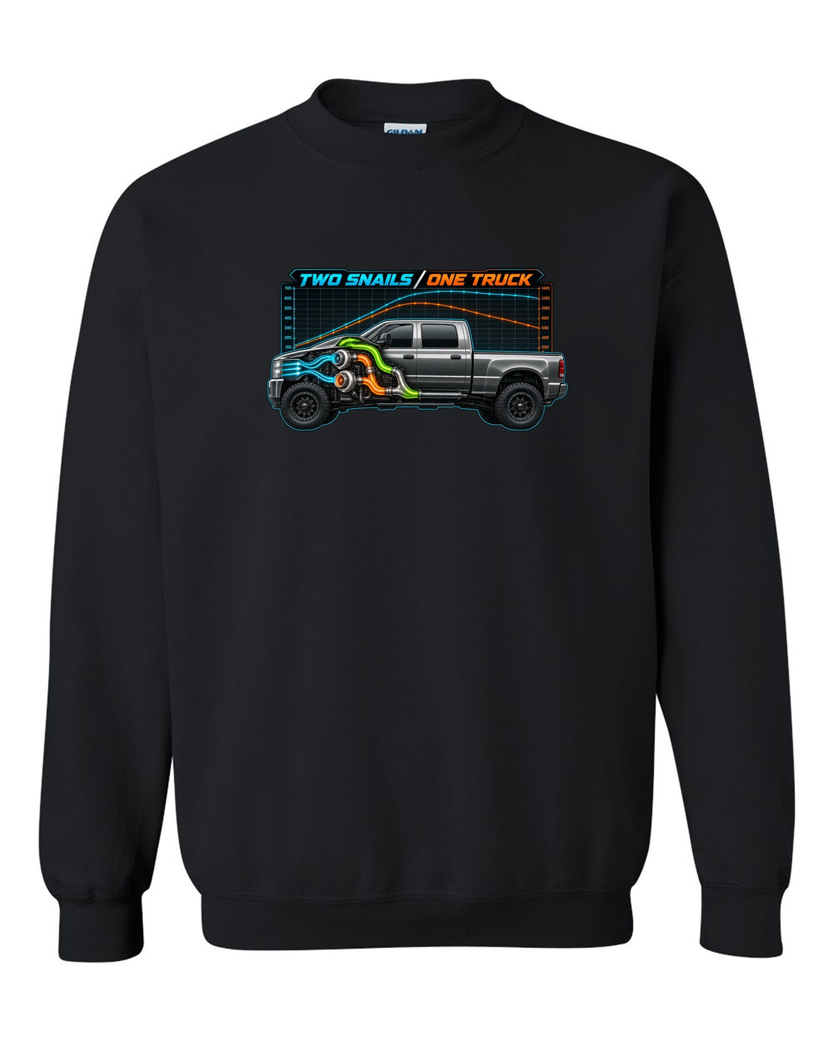 Dyno chart and gauge print of a 2003-2009 Dodge Ram 2500 Cummins compound turbo with two snails one truck text black crewneck front view with the design