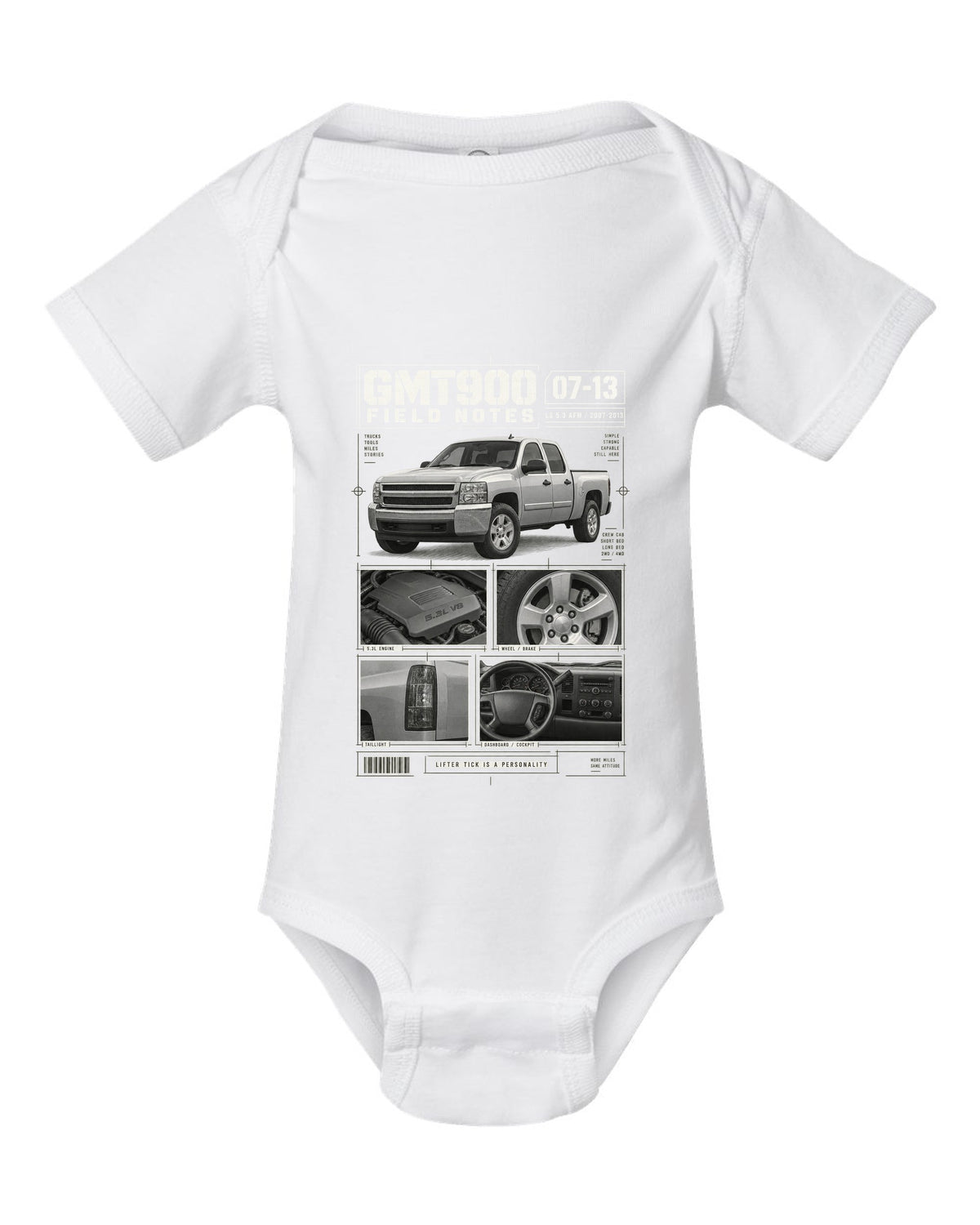 GMT900 Chevy Silverado crew cab field notes dossier print white baby onesie front view with the design