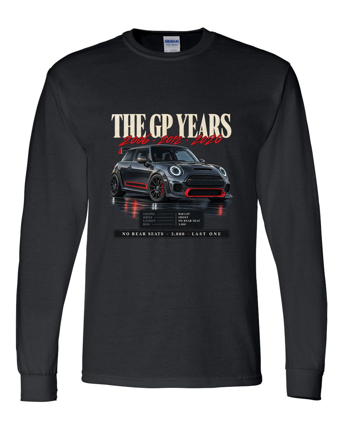 Archive panel print of a Mini Cooper JCW GP F56 with the years 2006, 2012 and 2020 black long sleeve front view with the design