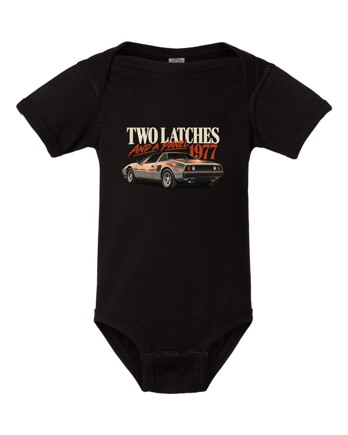 Ferrari 308 GTS 1977 rear three-quarter print, two latches and a panel, targa roof black baby onesie front view with the design