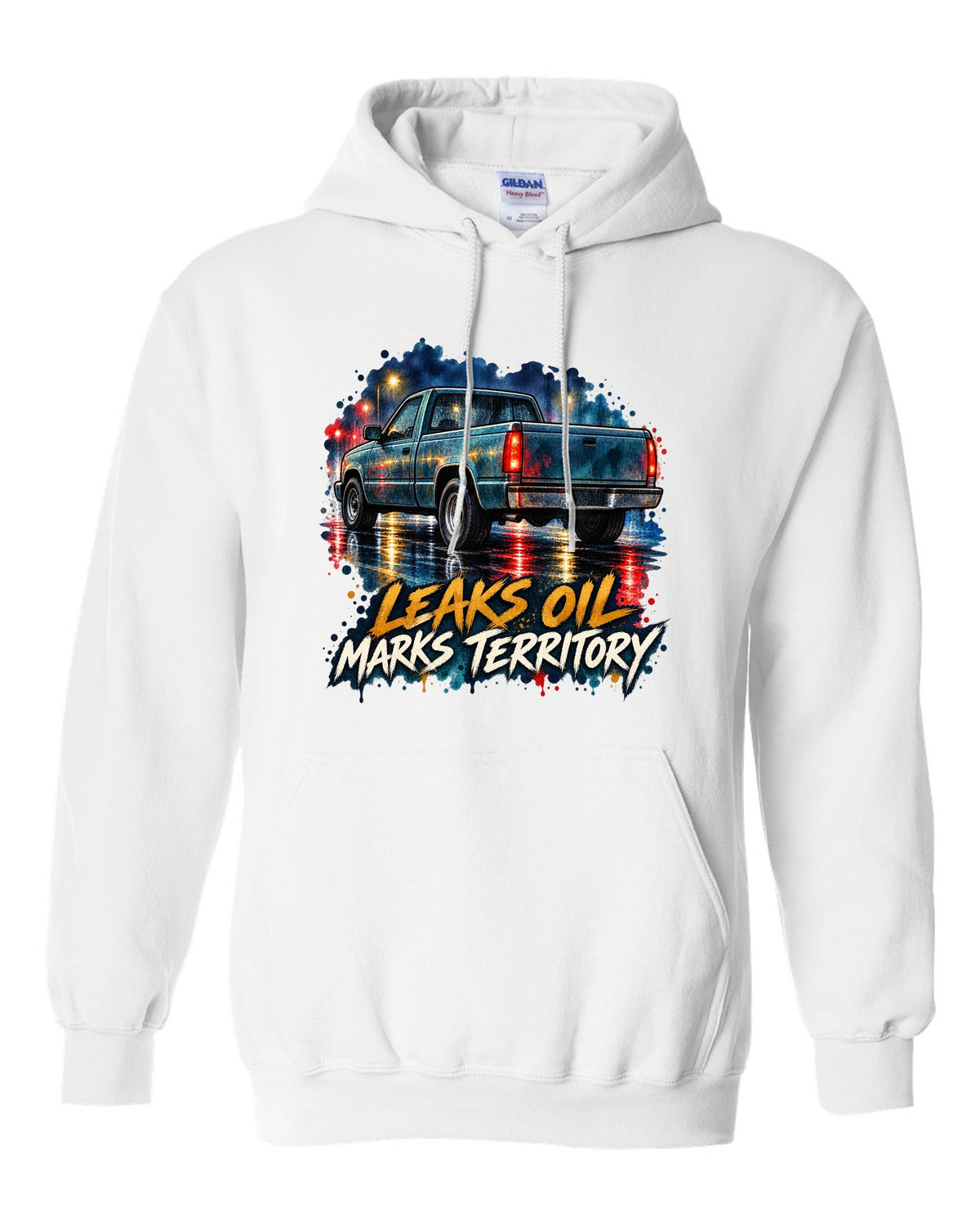 Watercolour wet-road night print of a 1989-1993 Dodge Ram D250 Cummins white pull over hoodie front view with the design