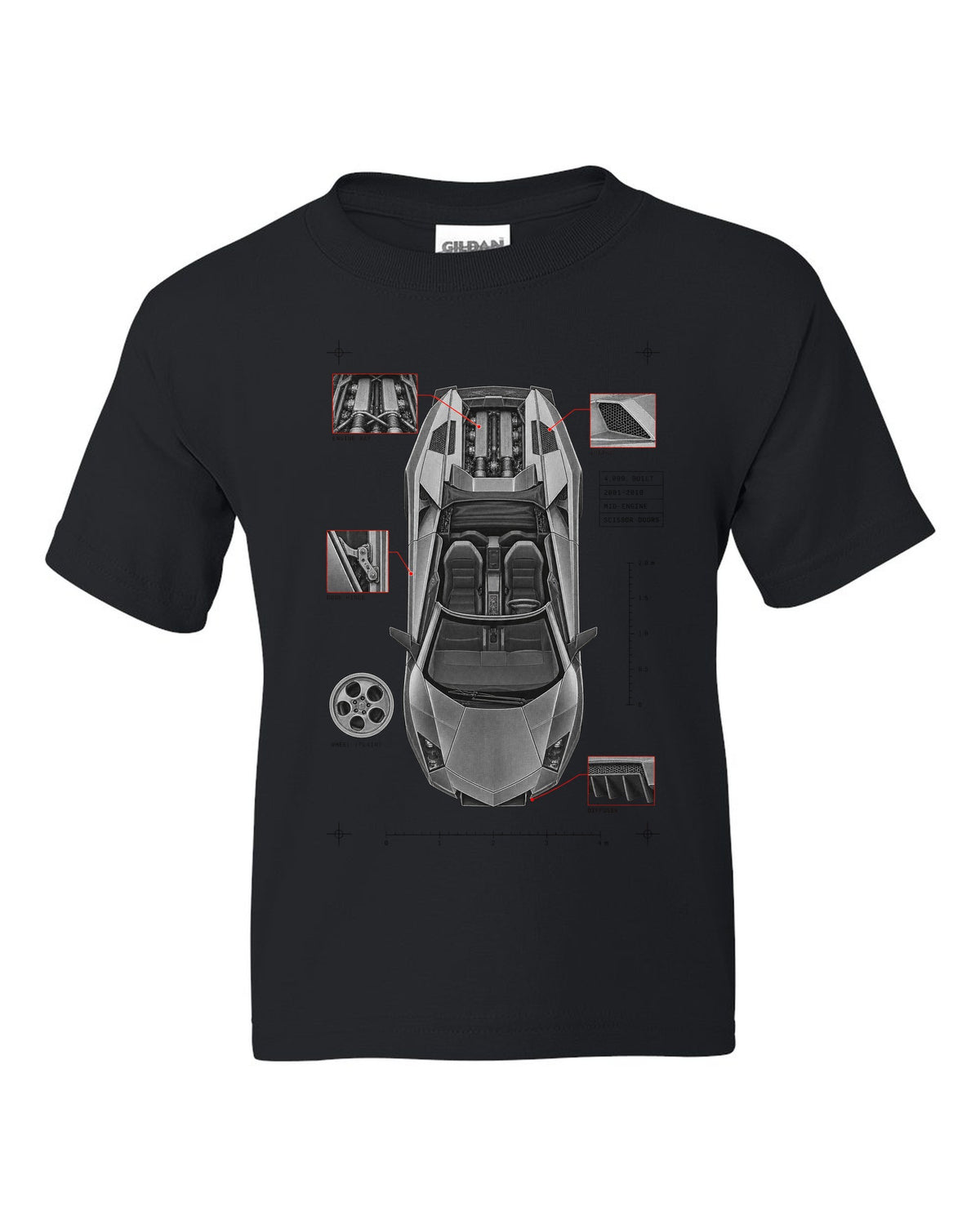 Spec poster print of a Lamborghini Murcielago LP640 Roadster with 4,099 built and scissor doors black kids tee front view with the design