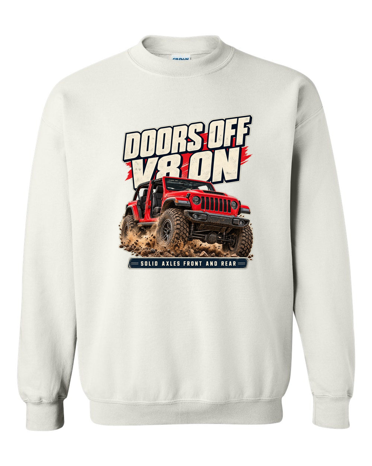 Editorial headline print for the Jeep Rubicon 392 about doors off and a V8 white crewneck front view with the design