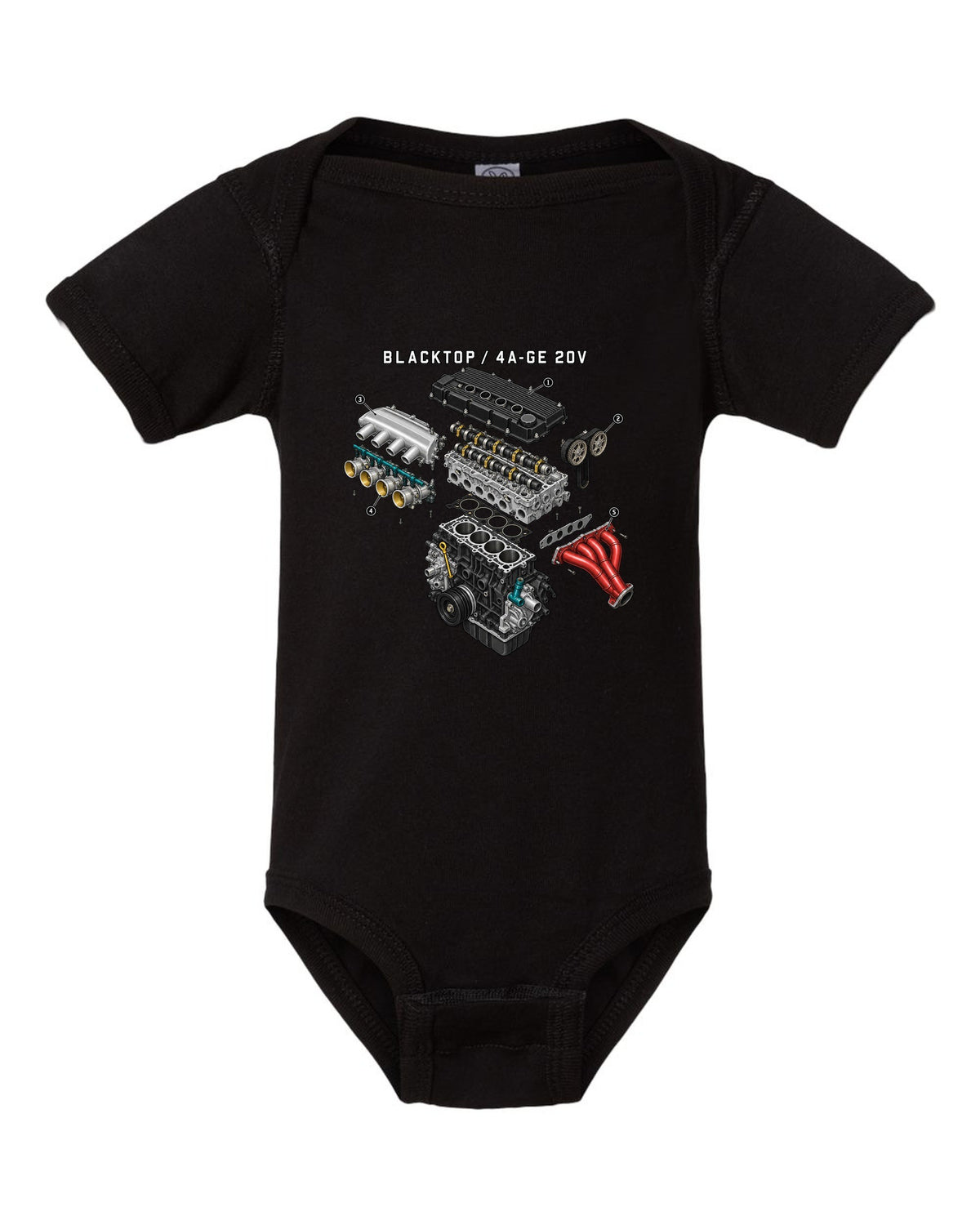 Exploded engine diagram of the blacktop 4A-GE 20V for the Toyota Corolla AE111 black baby onesie front view with the design
