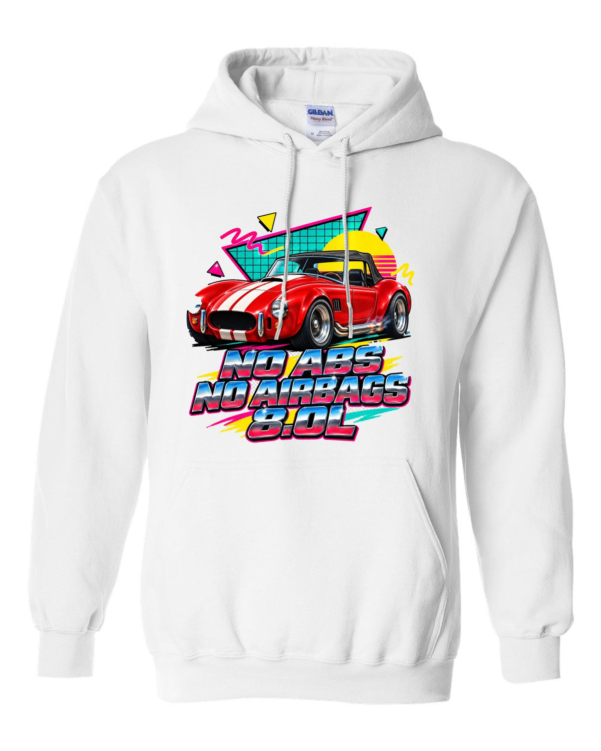 Airbrushed 90s Memphis grid print of a 1992 Dodge Viper RT/10 with no ABS text white pull over hoodie front view with the design
