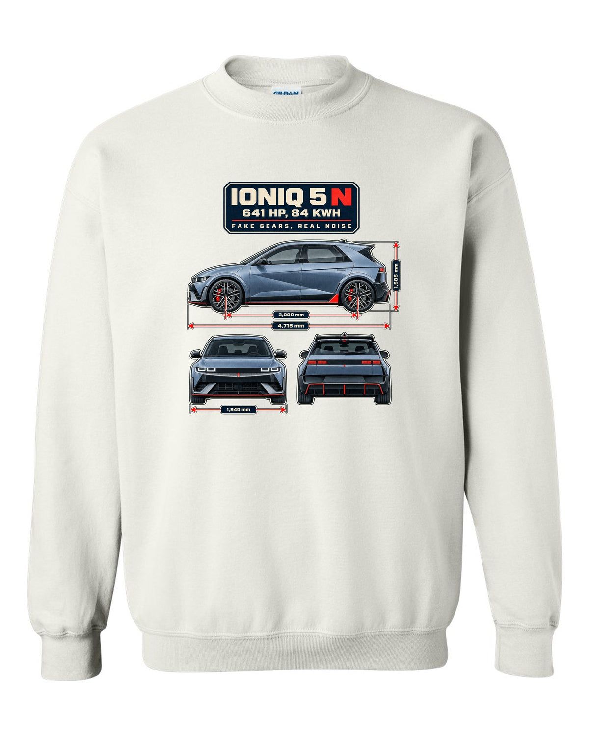 Hyundai Ioniq 5 N dimension blueprint print on a shirt white crewneck front view with the design