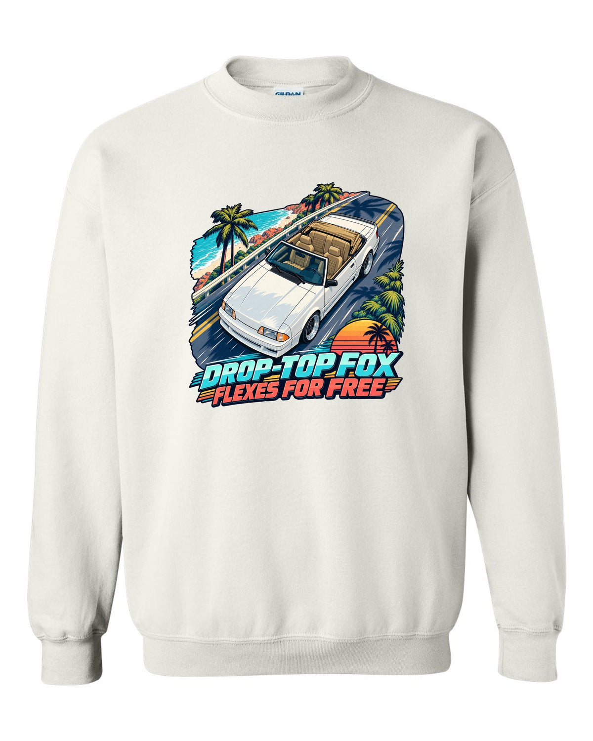 Cel-shaded anime print of a Ford Mustang Fox Body convertible seen from above white crewneck front view with the design