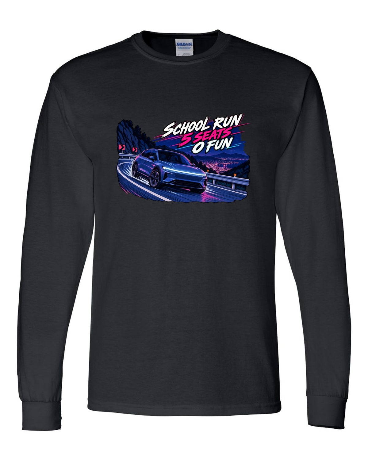 Cel-shaded 90s anime night touge print of a Tesla Model Y Juniper reading School Run 5 Seats 0 Fun black long sleeve front view with the design