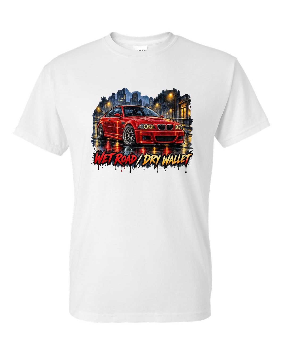 Watercolour wet-road night illustration of a BMW E46 M3 coupe with wet road dry wallet text white t-shirt front view with the design