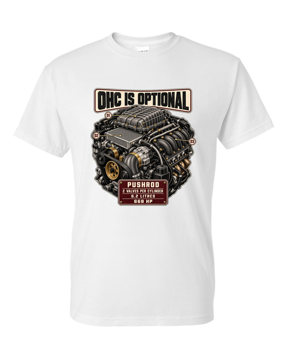 print of the Cadillac LT4 6.2L supercharged V8 engine from the CT5-V Blackwing white t-shirt front view with the design