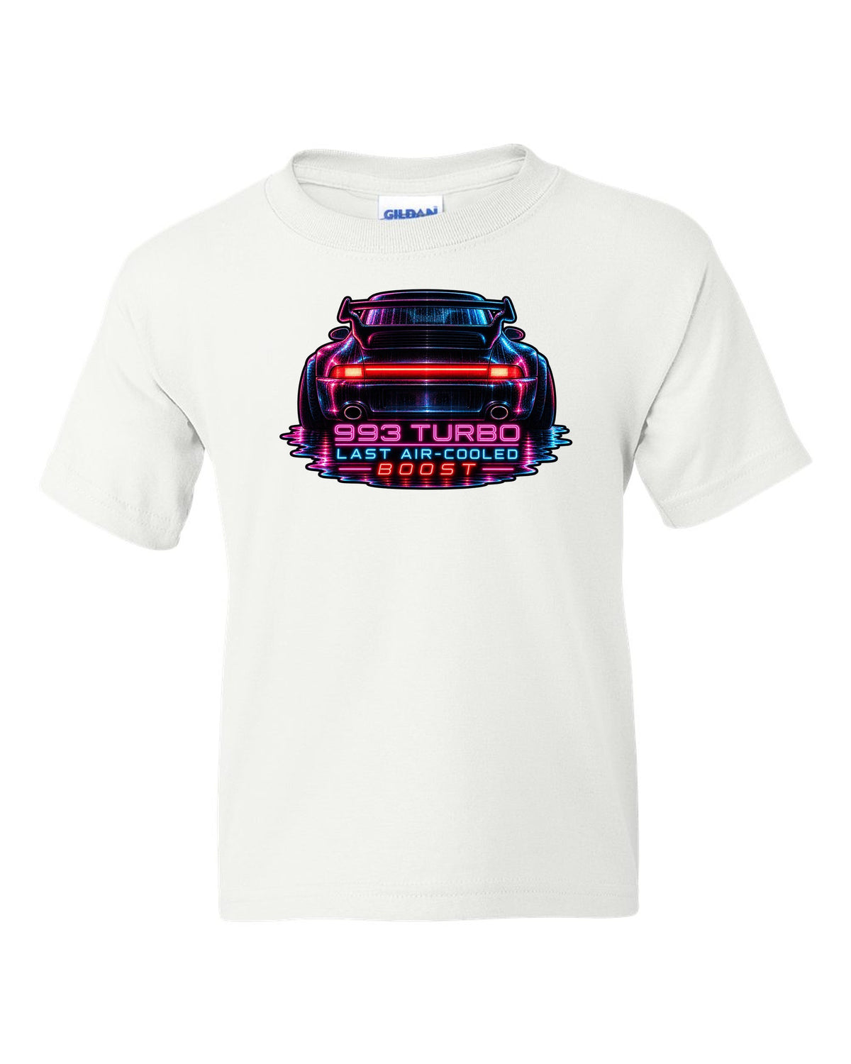 Porsche 993 Turbo neon noir design with glowing rear light bar white kids tee front view with the design