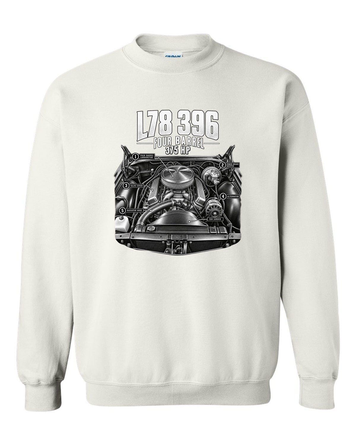 Engine hero print of an L78 396 big block in a 1969 Chevrolet Chevelle SS with 375 hp text white crewneck front view with the design