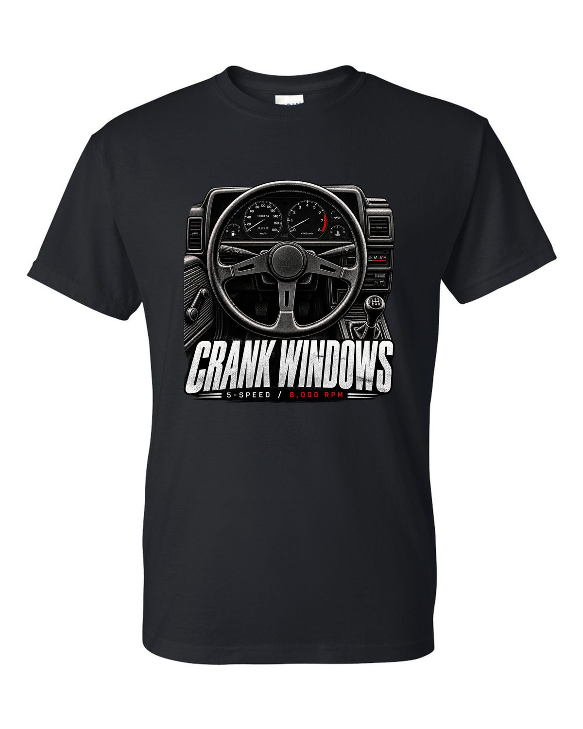 print of a Toyota AE86 interior cockpit with gauges and crank window lettering black t-shirt front view with the design