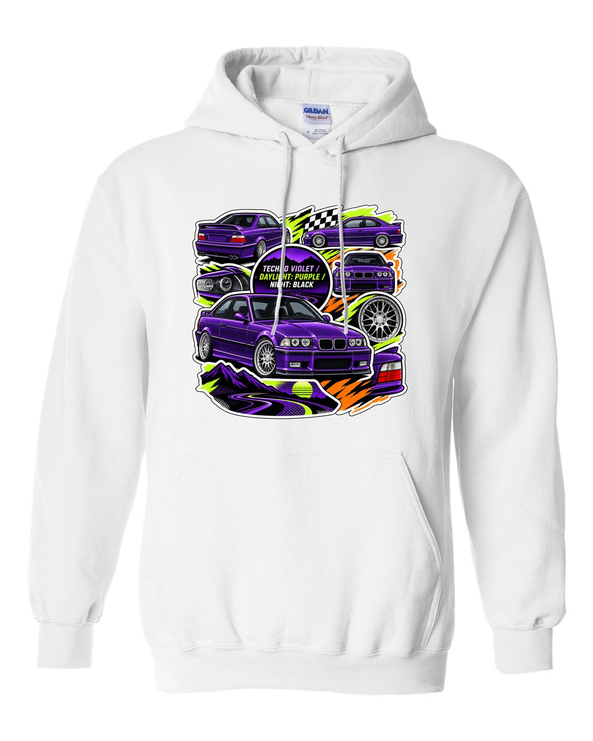 Sticker bomb collage print of a Techno Violet BMW E36 M3 with daylight purple night black text white pull over hoodie front view with the design