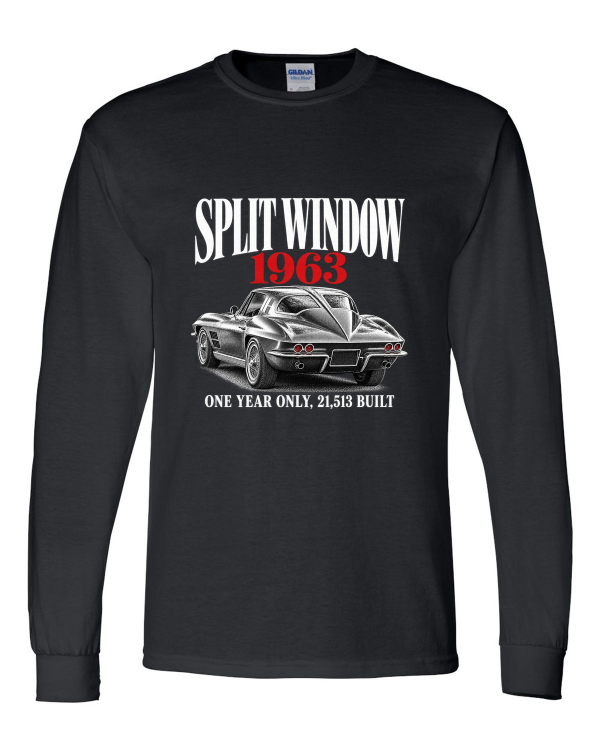 Chevrolet Corvette C2 Sting Ray 1963 split-window coupe editorial print black long sleeve front view with the design