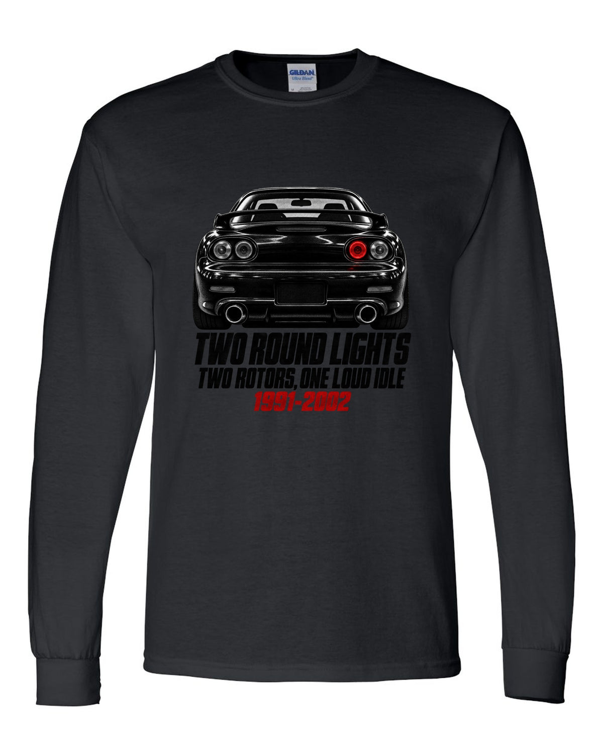 Taillight detail print of a Mazda RX-7 FD3S with two round lamps black long sleeve front view with the design