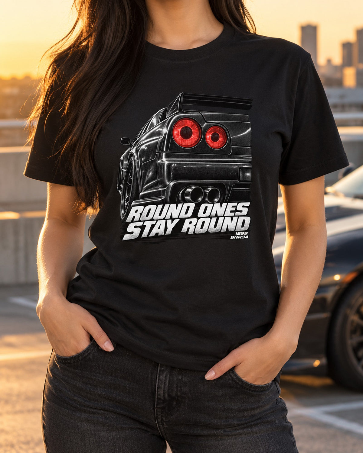 Skyline GT-R R34 BNR34 Round Taillights Macro Shirt T-Shirt Black worn hero