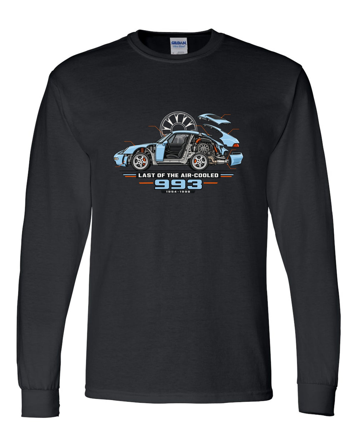 Architectural cutaway drawing of a Porsche 911 993 on a shirt back black long sleeve front view with the design