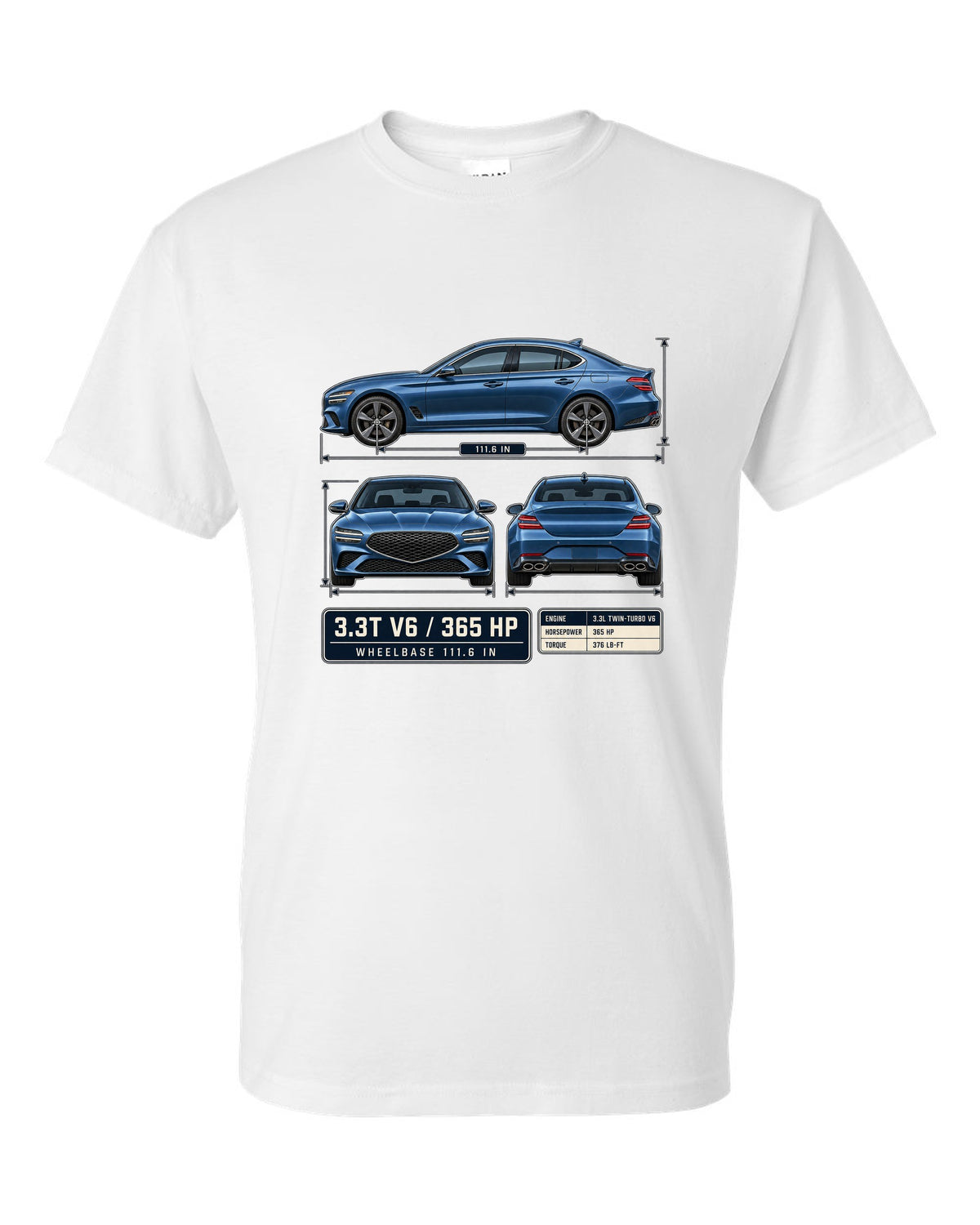 Dimension blueprint print of the Genesis G70 3.3T with V6 and 365 HP callouts white t-shirt front view with the design
