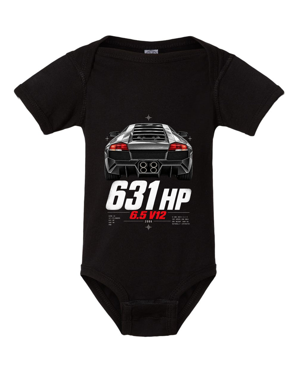 Taillight macro print of a Lamborghini Murcielago LP640 with 631 HP and 6.5 V12 text black baby onesie front view with the design