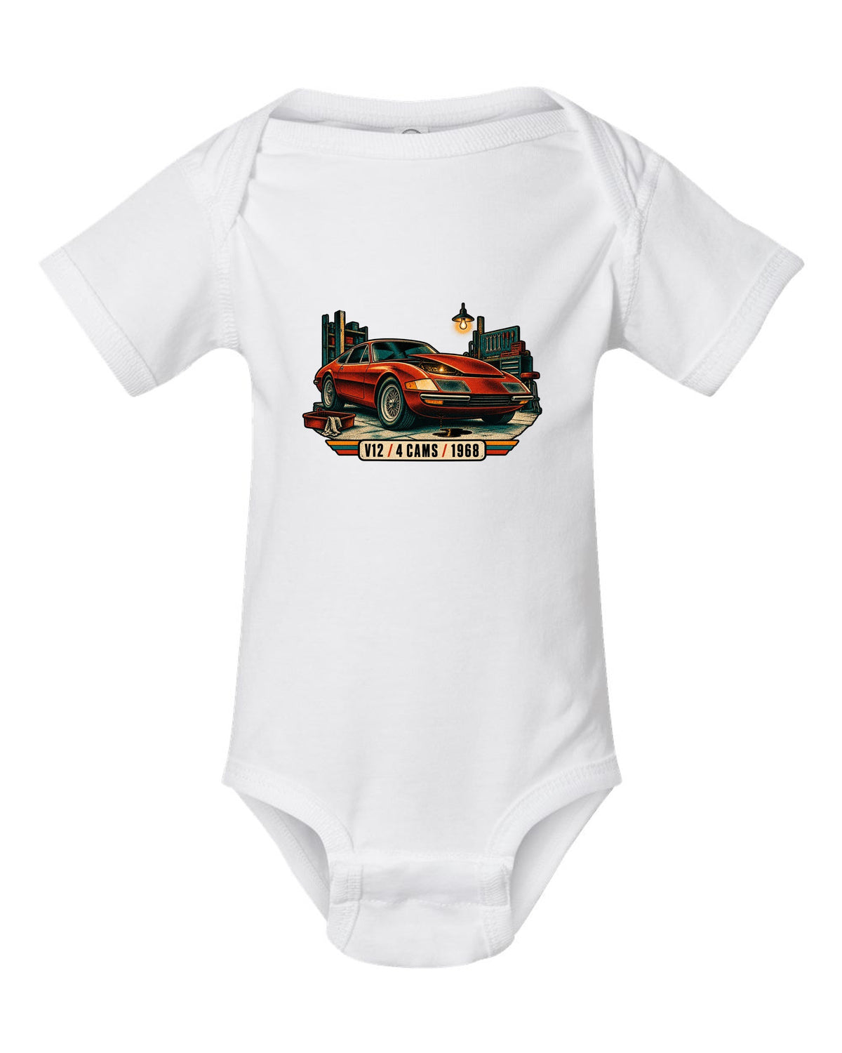 Risograph spot colour print of a Ferrari 365 GTB/4 Daytona in a garage with V12 4 Cams 1968 lettering white baby onesie front view with the design
