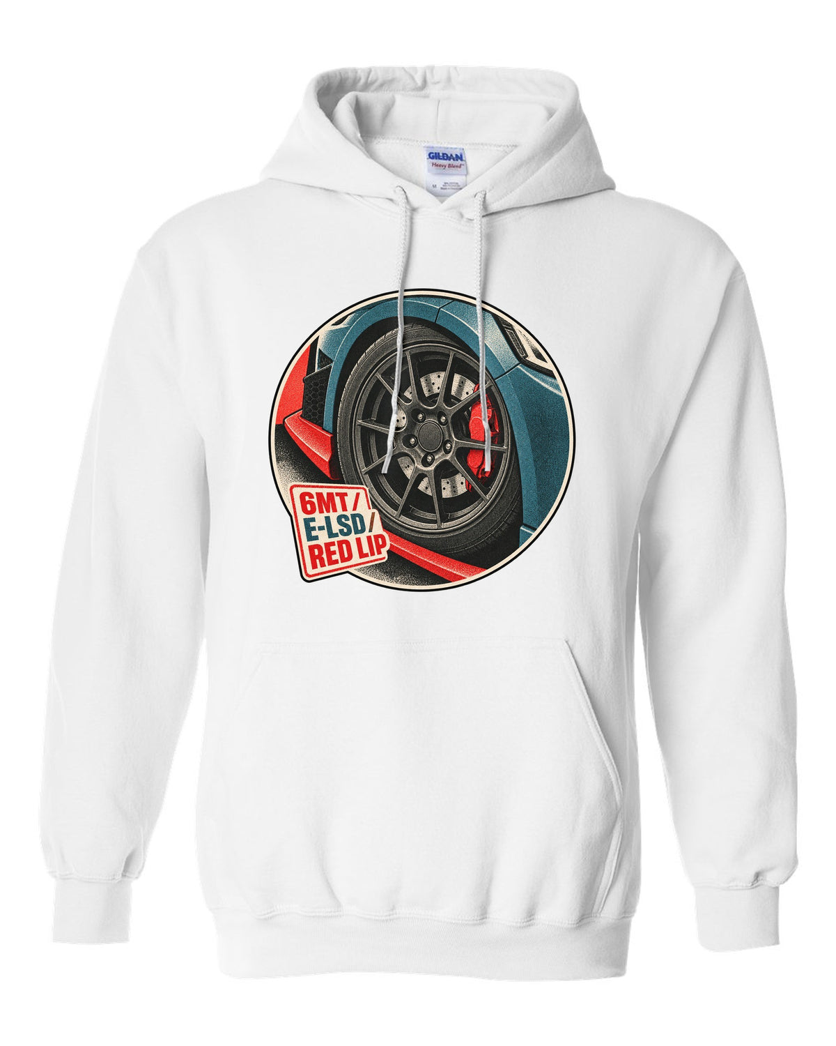 Risograph duotone print of a Hyundai Veloster N JS wheel and red front lip with 6MT E-LSD text white pull over hoodie front view with the design