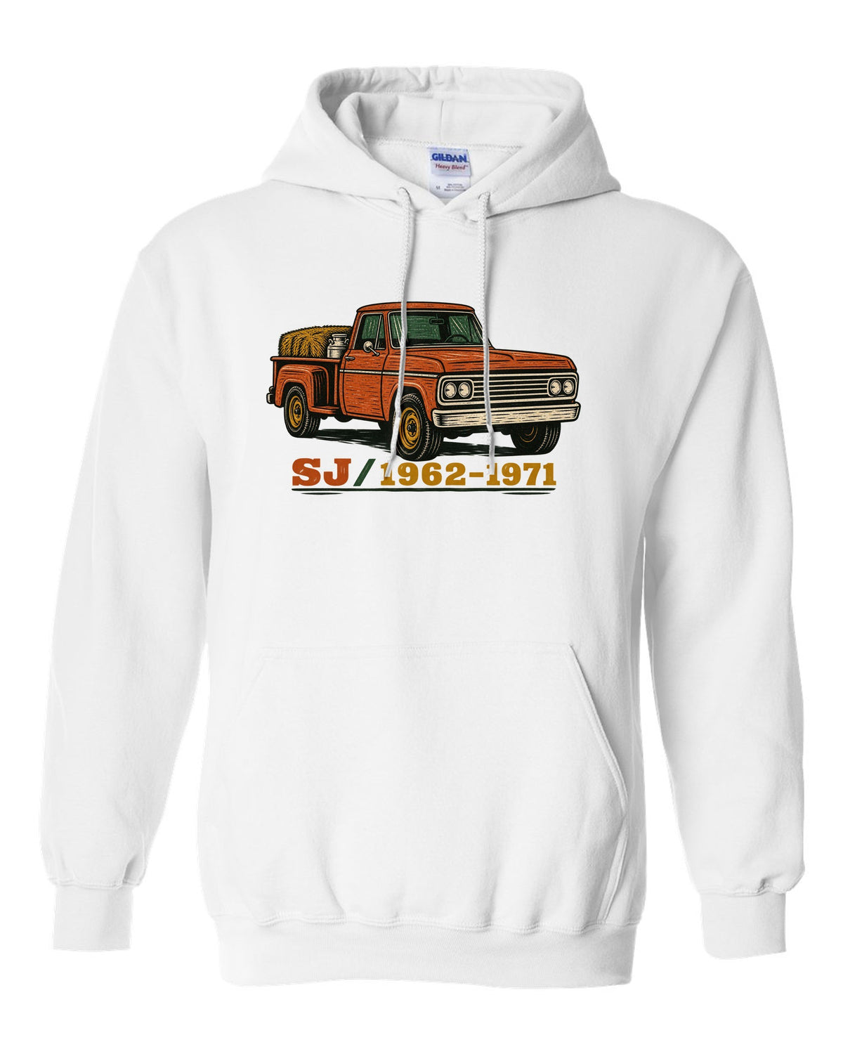 Woodcut style print of a Jeep Gladiator SJ pickup with SJ 1962-1971 lettering white pull over hoodie front view with the design