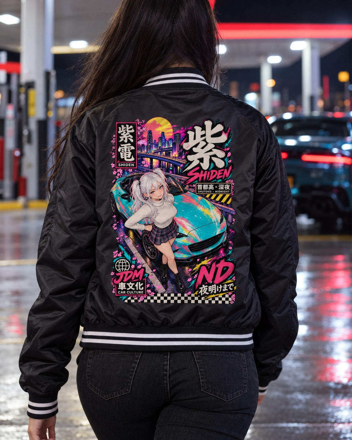 SHIDEN ND Anime Girl Full-Back Graphic Tee Bomber Jacket Black worn hero