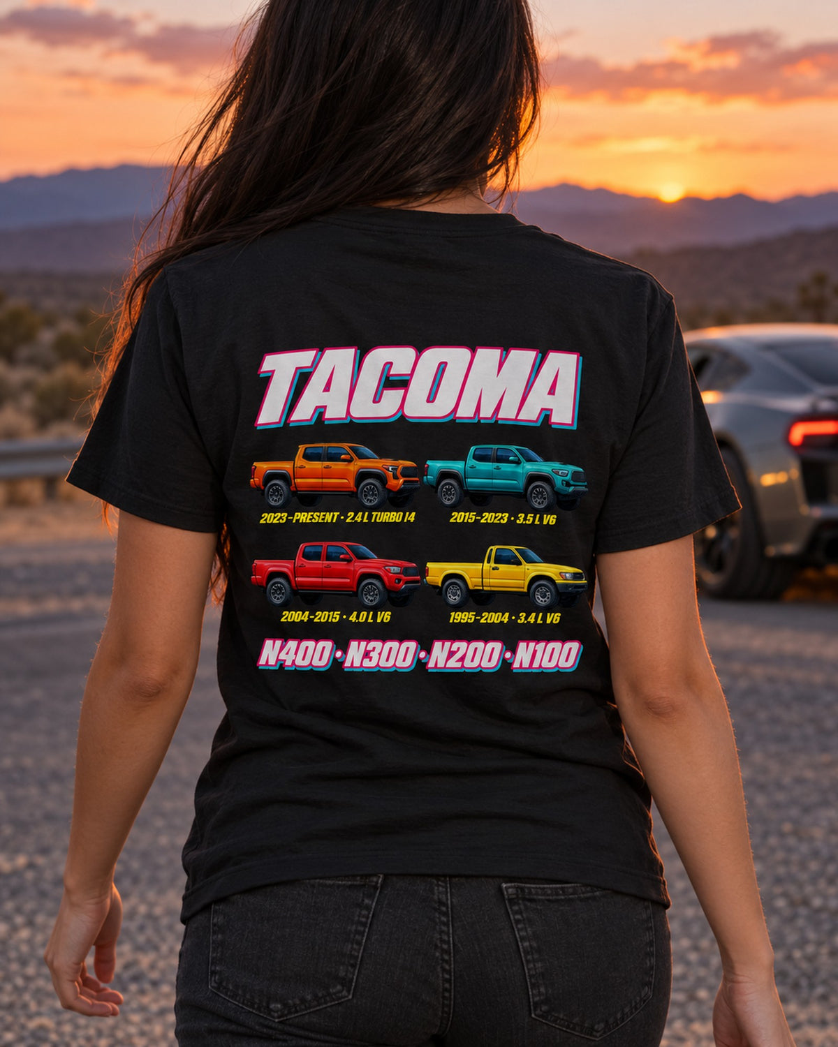Toyota Tacoma Evolution Poster Full-Back Graphic Tee T-Shirt Black worn hero
