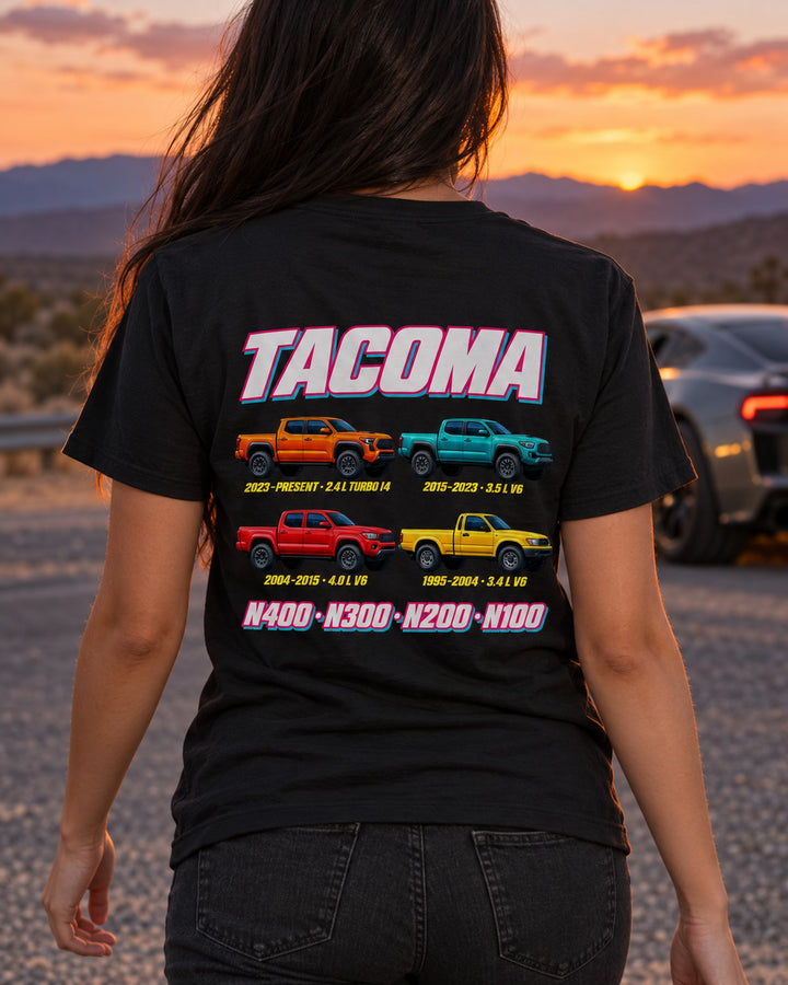 Toyota Tacoma Evolution Poster Full-Back Graphic Tee T-Shirt Black worn hero