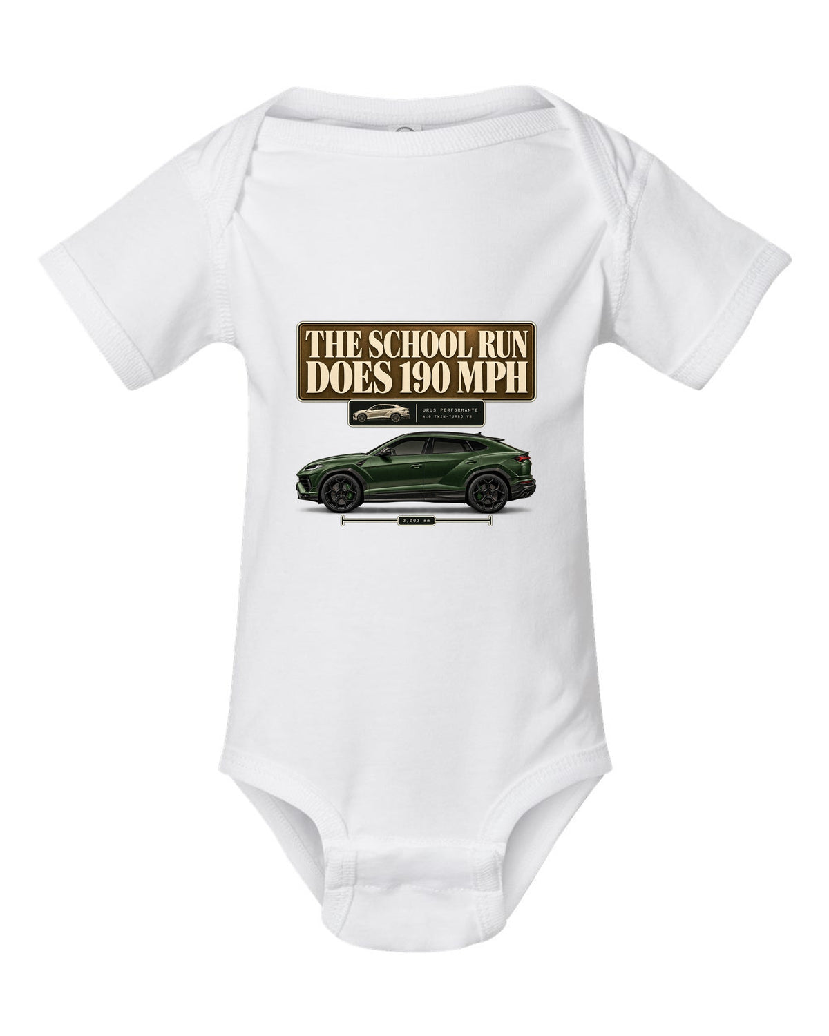 Lamborghini Urus Performante editorial headline print reading the school run does 190 mph white baby onesie front view with the design